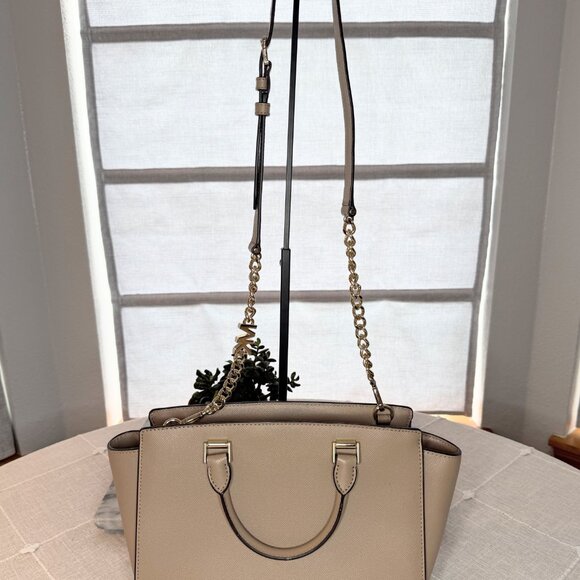 Michael Kors Sylvia Satchel Shoulder Bag - Beige Taupe Leather - Picture 7 of 16